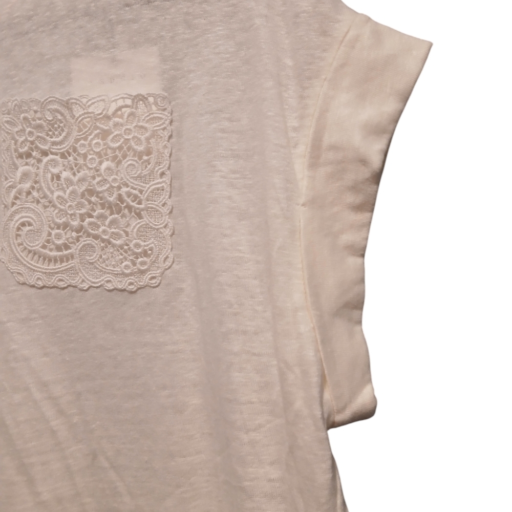 Sandro Boxy Cropped Lace Pocket Cream Ivory Tshirt Womans Lagenlook - Picture 4 of 10